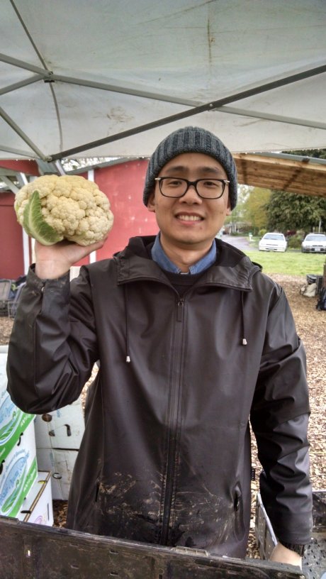 UO Environmental Studies intern Hao with overwintered cauliflower